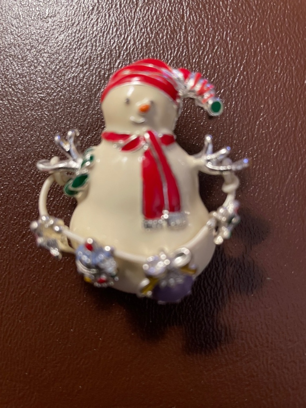 VTG Snowman with Dangle Ornaments Enamel Silver-Tone